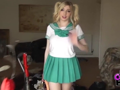 KiloPics.net presents: Costume babe in a miniskirt fucks a toy outdoors
