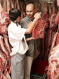 KiloPics.net presents: Teenage brunette gets dirty with the butcher his big meat