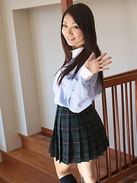 KiloPics.net presents: Asian schoolgirl Tomoyo Hoshino strips to stockings and poses outdoors
